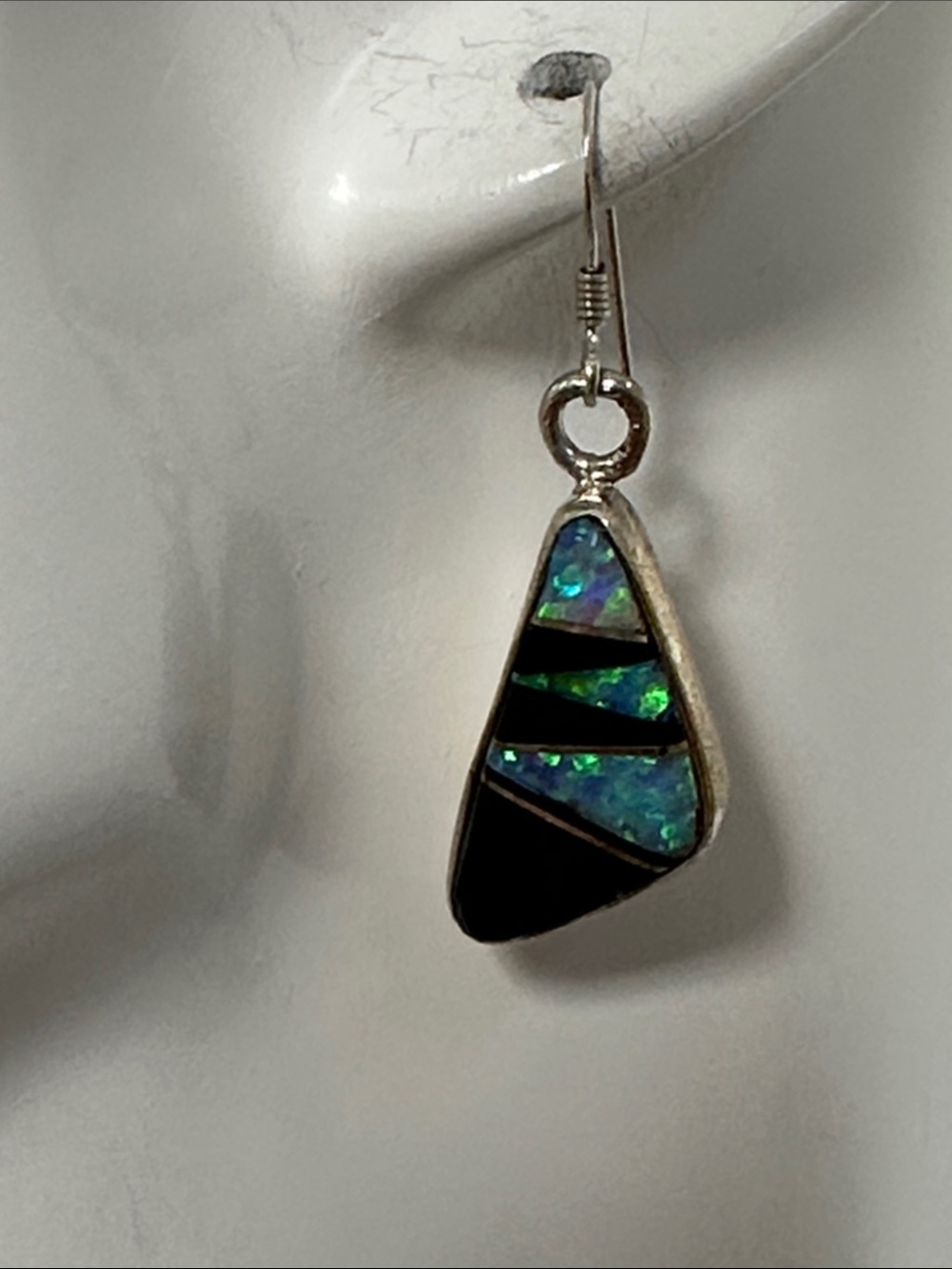 NAVAJO Sterling Silver Blue-Green Opal Inlay and ONYX Dangle Earrings